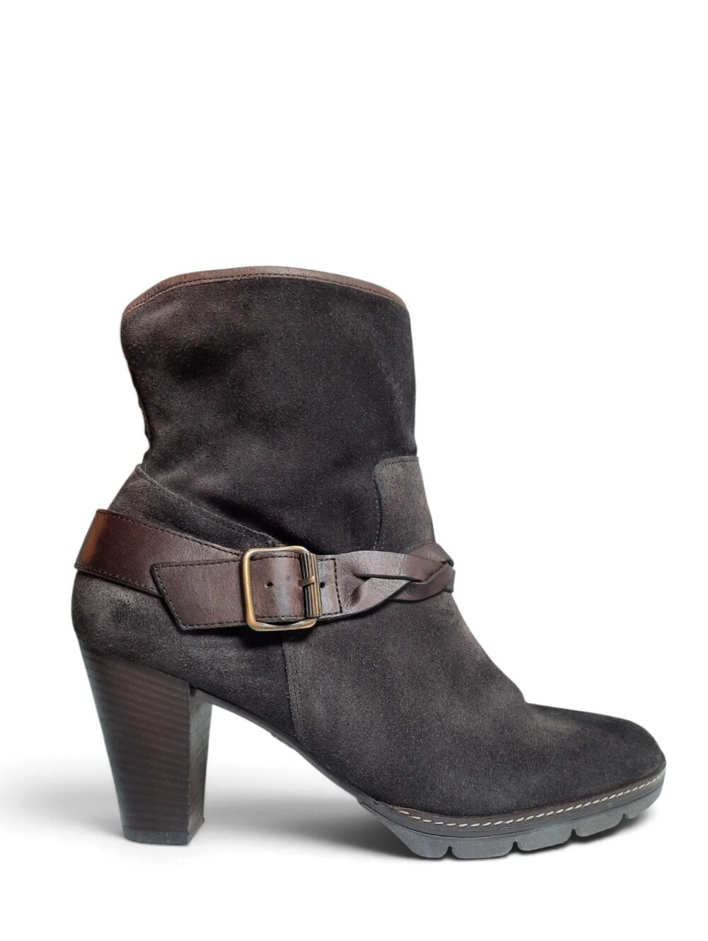 PAUL GREEN Equestrian Heeled Ankle Boots Suede Braided Italian Leather Lugged 9